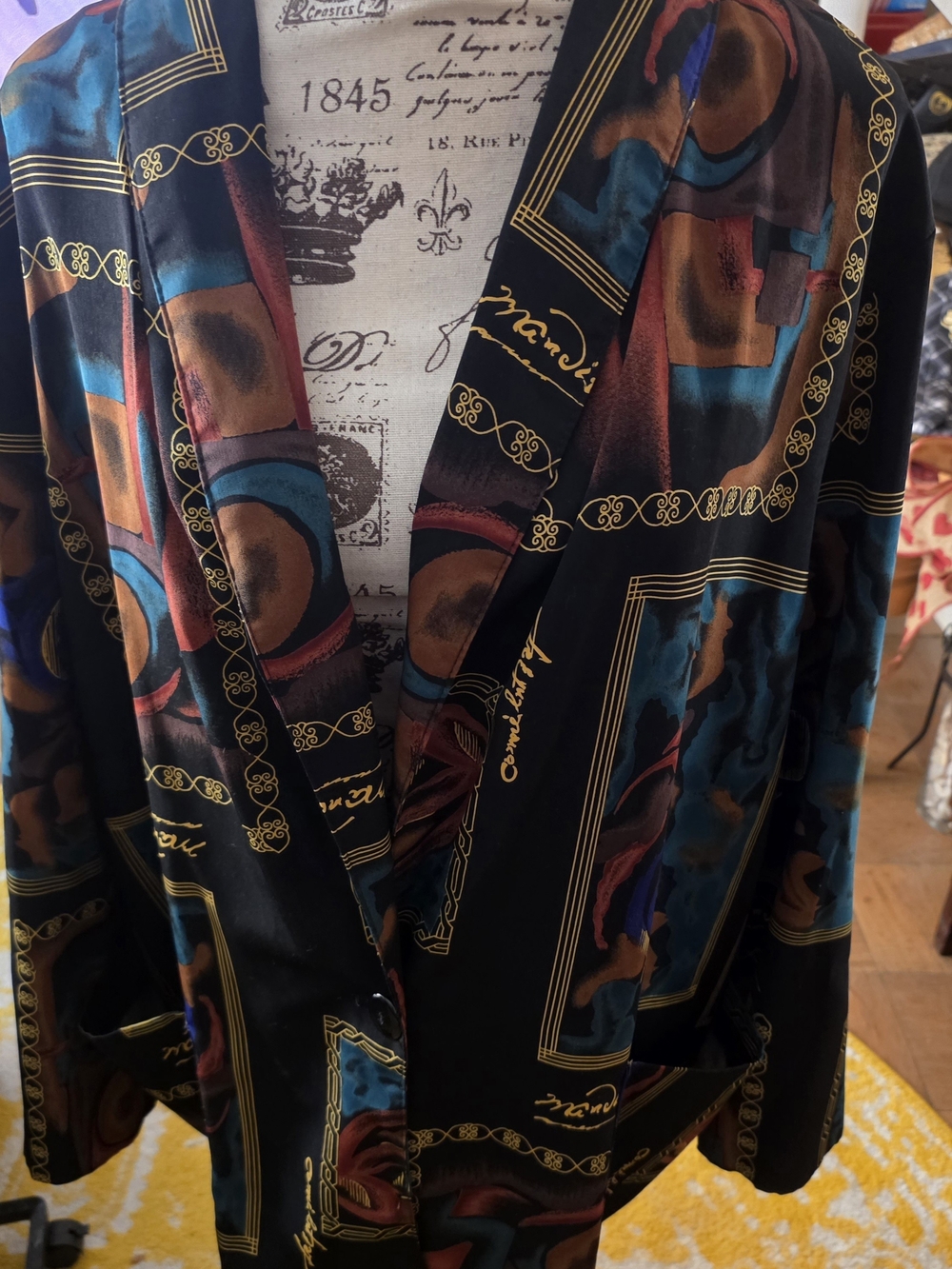 Satin-Style Black Printed Blazer with Teal & Rust Accents